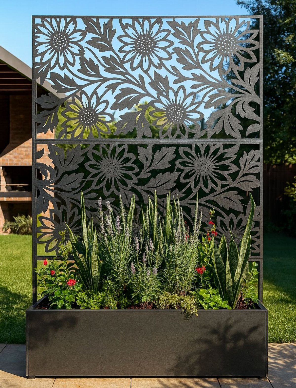 9 Outdoor Flower Pots Ideas with Window Boxes, Trellises & Wall Pots 8 Black metal planter with green plants in front of a decorative floral metal screen.