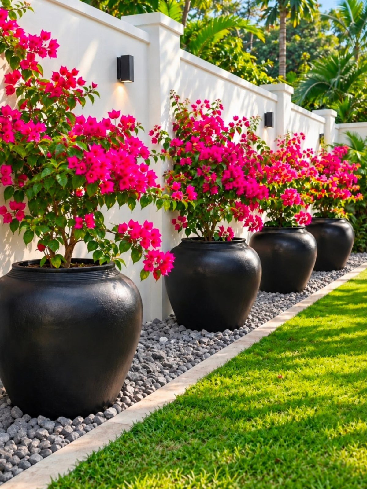 9 Outdoor Flower Pots Ideas with Window Boxes, Trellises & Wall Pots 3 Large black ceramic pots containing bright pink bougainvillea plants lined up against a white wall.