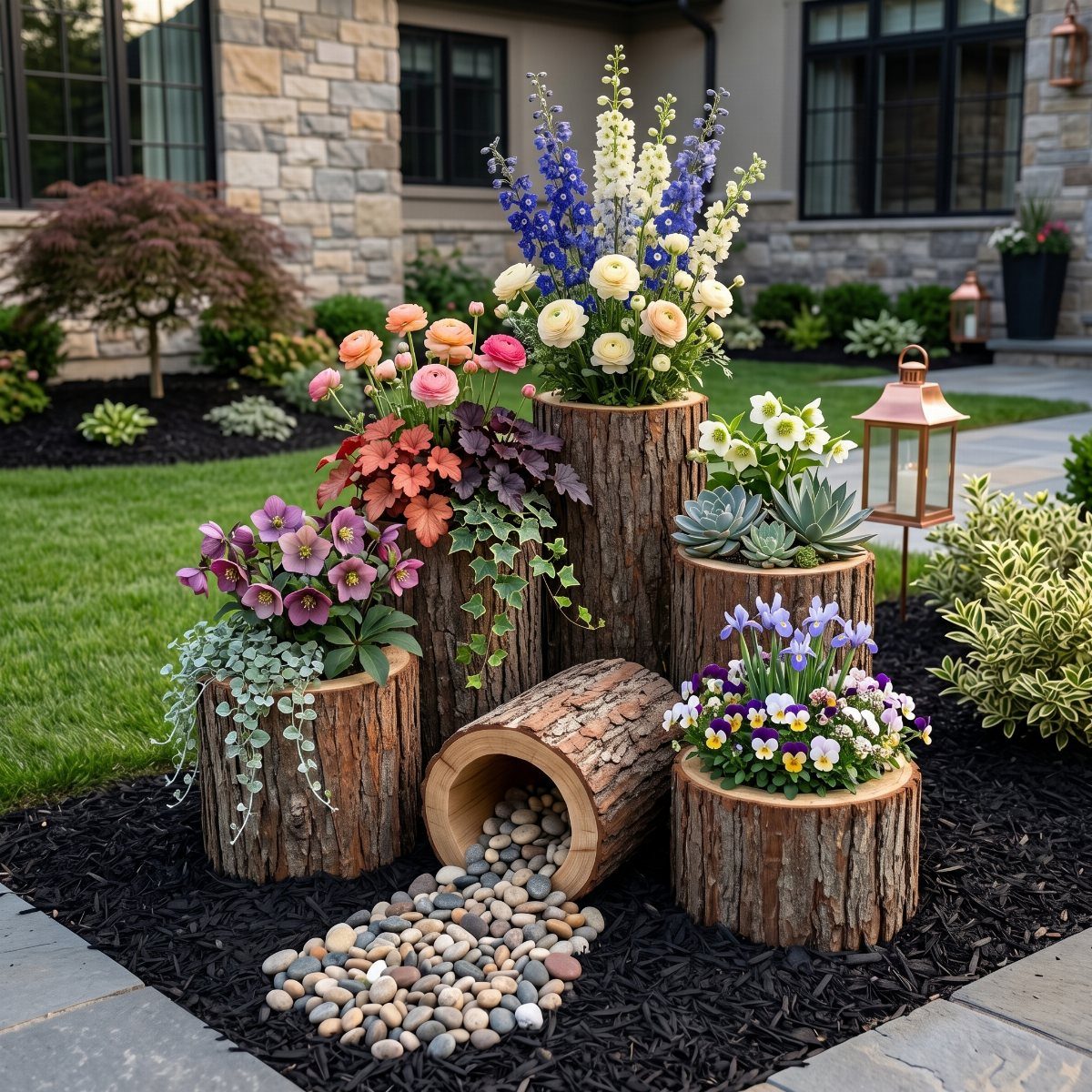 9 Outdoor Flower Pots Ideas with Window Boxes, Trellises & Wall Pots 6 Rustic log planters filled with colorful flowers and trailing greenery arranged on dark mulch in a garden.