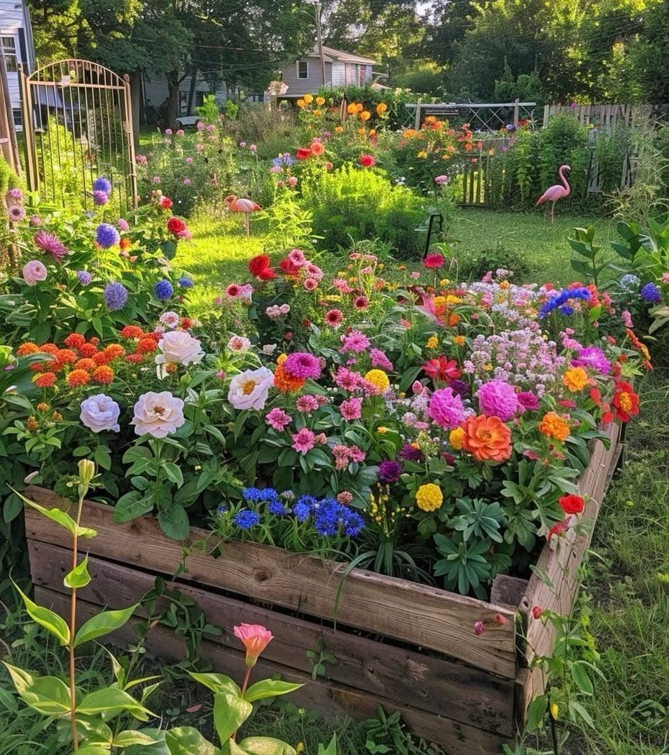 9 Outdoor Flower Pots Ideas with Window Boxes, Trellises & Wall Pots 9 Colorful zinnias and dahlias blooming in a rustic wooden garden planter box outdoors.