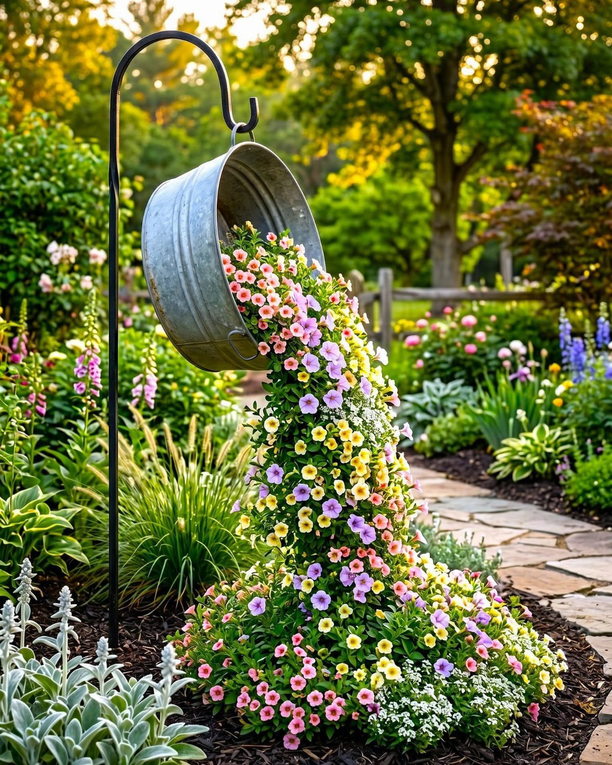 9 Outdoor Flower Pots Ideas with Window Boxes, Trellises & Wall Pots 5 Colorful petunias cascading from a tipped metal bucket hanging on a black garden hook.