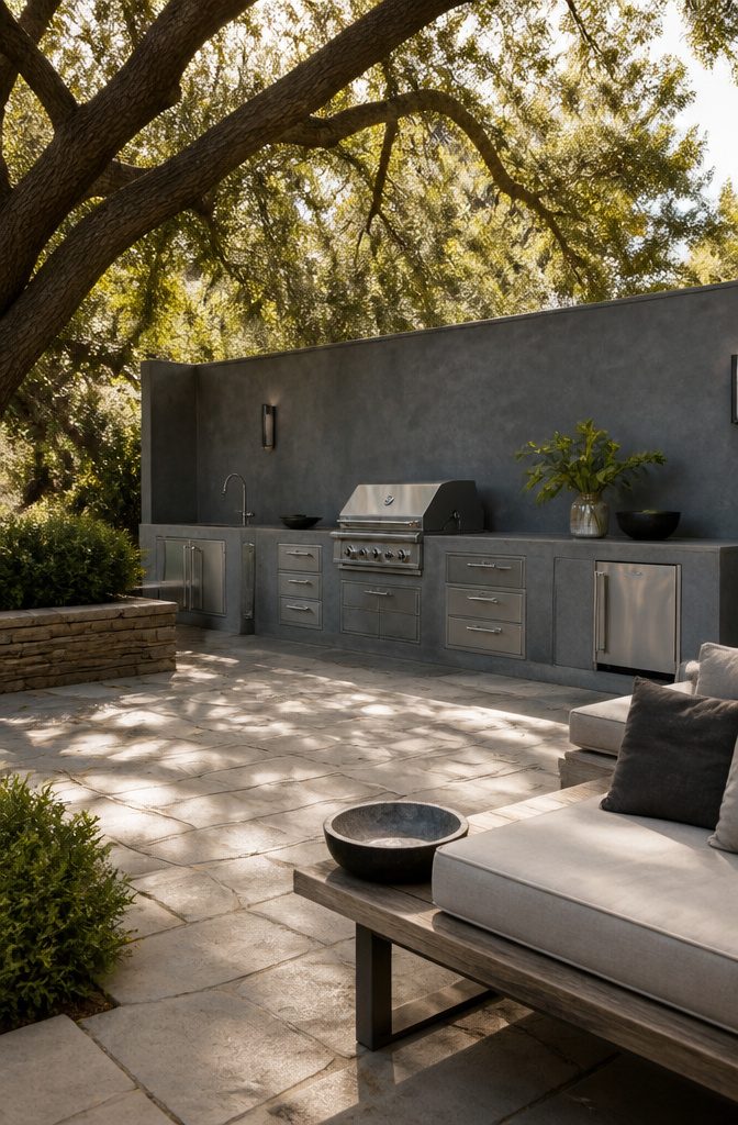 Outdoor Kitchen Microcement: Methods for Durable Finishes 8 Microcement backsplash applied over a wall in an outdoor kitchen.
