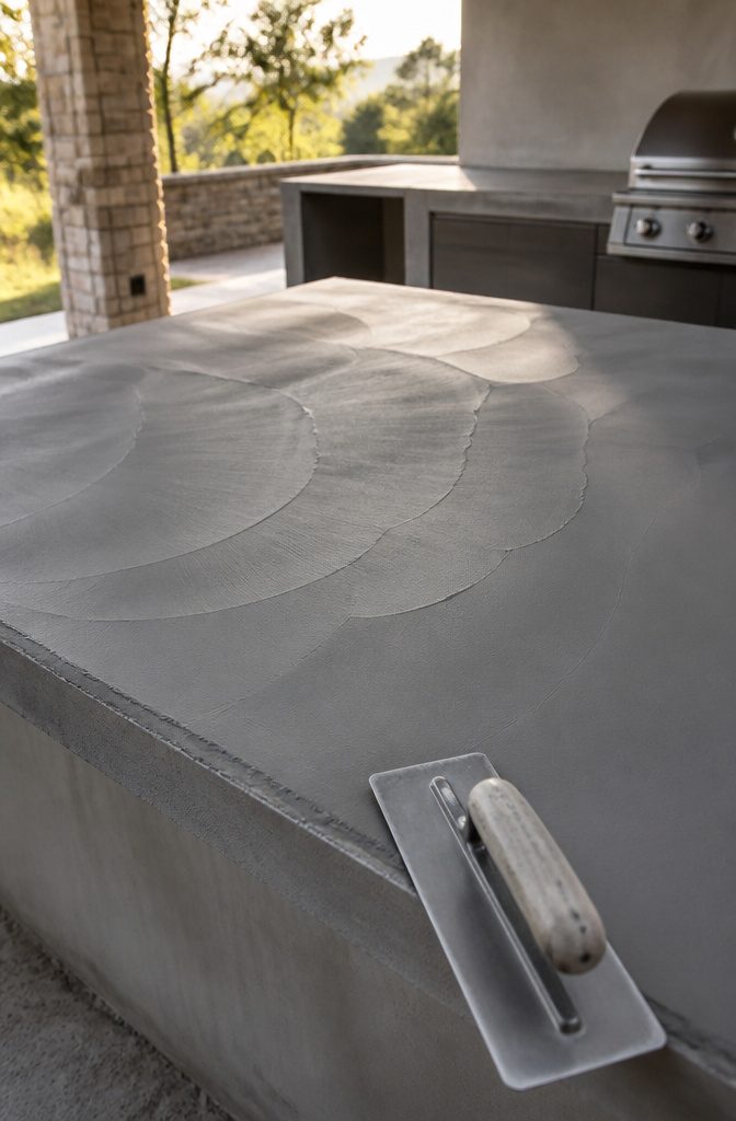 Outdoor Kitchen Microcement: Methods for Durable Finishes 2 Partially finished microcement base coat on an outdoor kitchen countertop.