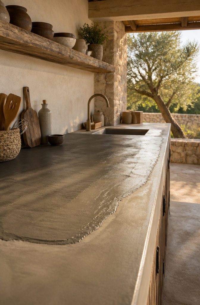 Outdoor Kitchen Microcement: Methods for Durable Finishes 3 Mid-process view of microcement layers being applied to a countertop.