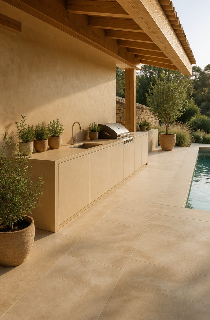 Outdoor Kitchen Microcement: Methods for Durable Finishes 7 Microcement cabinets and countertops in an outdoor kitchen.
