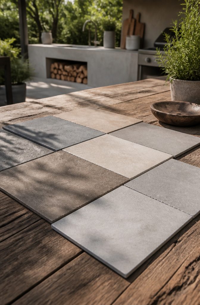 Outdoor Kitchen Microcement: Methods for Durable Finishes 12 Colored microcement samples displayed on a wooden surface.