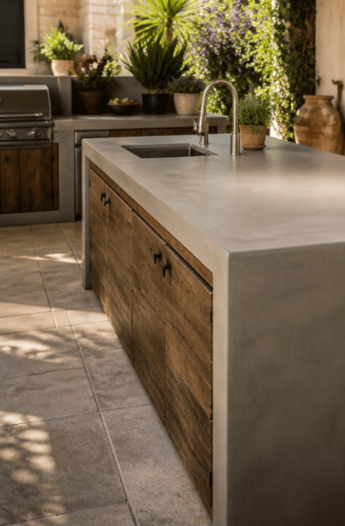 Outdoor Kitchen Microcement: Methods for Durable Finishes 6 Microcement countertop with seamless finish in an outdoor kitchen.