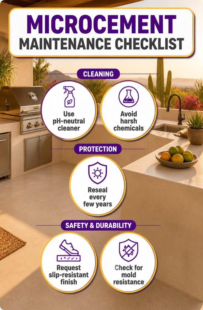 Outdoor Kitchen Microcement: Methods for Durable Finishes 11 Microcement maintenance checklist displayed on a surface.