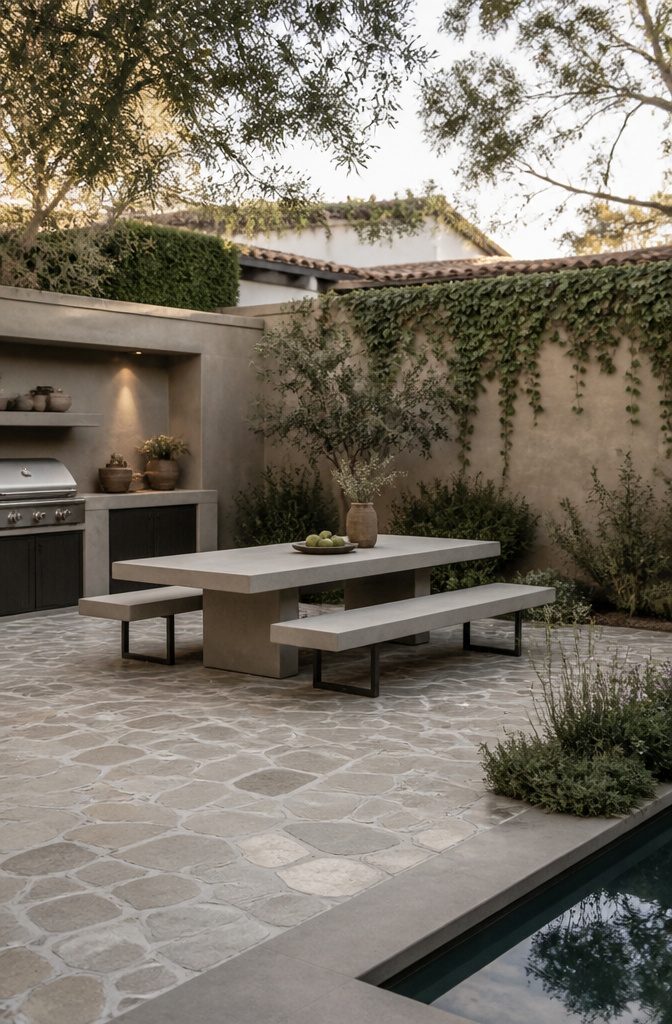 Outdoor Kitchen Microcement: Methods for Durable Finishes 9 Microcement table and seating in an outdoor kitchen area.