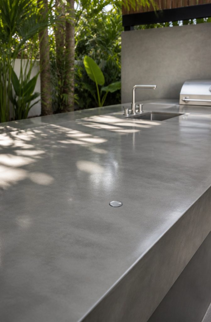 Outdoor Kitchen Microcement: Methods for Durable Finishes 4 Close-up of a sealed microcement countertop reflecting sunlight.