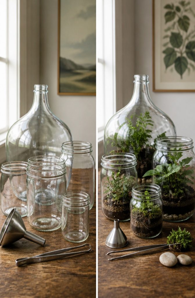 A photograph featuring clear glass bottles with wide openings.