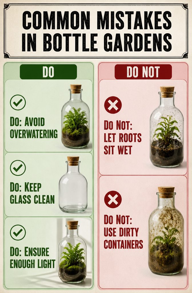 An image showing common mistakes in maintaining bottle gardens.