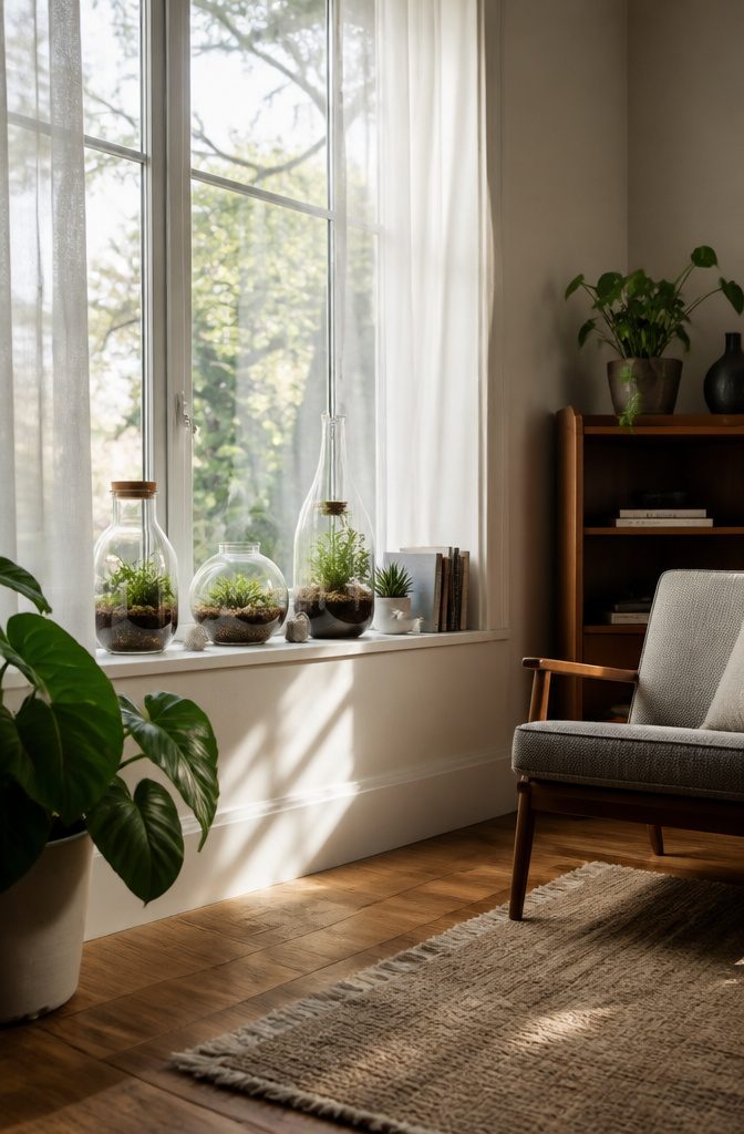 A display of plants in bottles placed in bright indirect light.