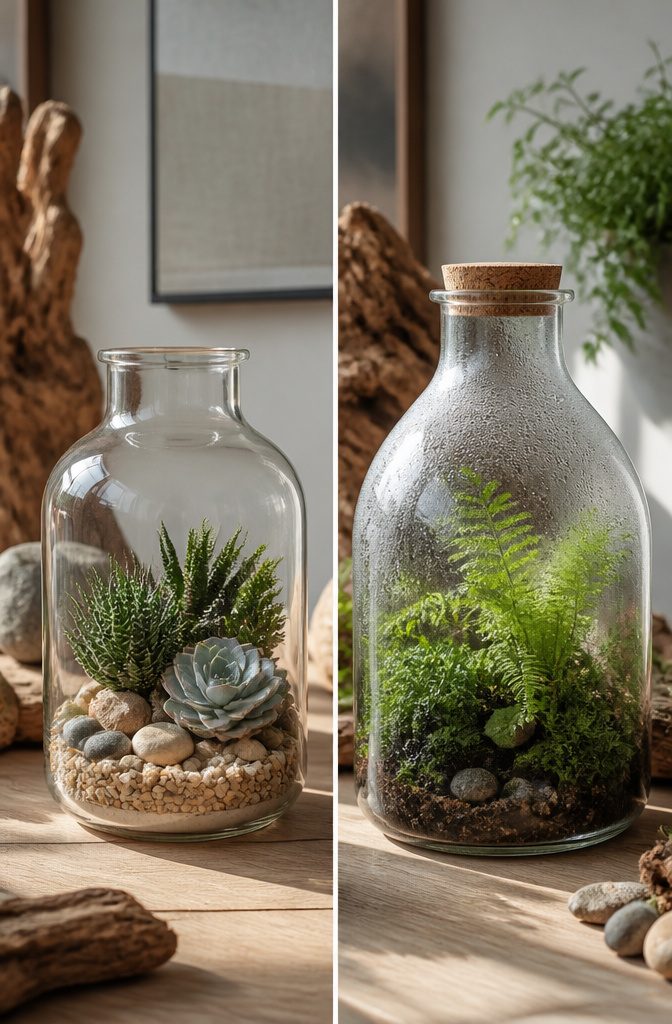 A photo comparing open and closed bottle gardens with plants.