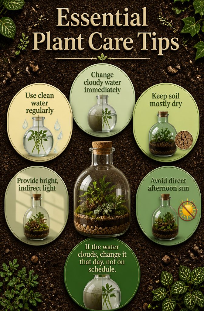 An image listing essential plant care tips for bottle gardens.