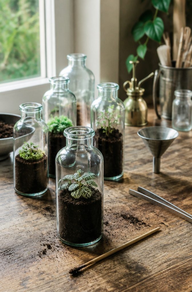 Various clear glass bottles with soil and small plant leaves.