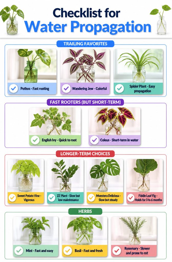 A checklist image featuring plants suitable for water propagation.