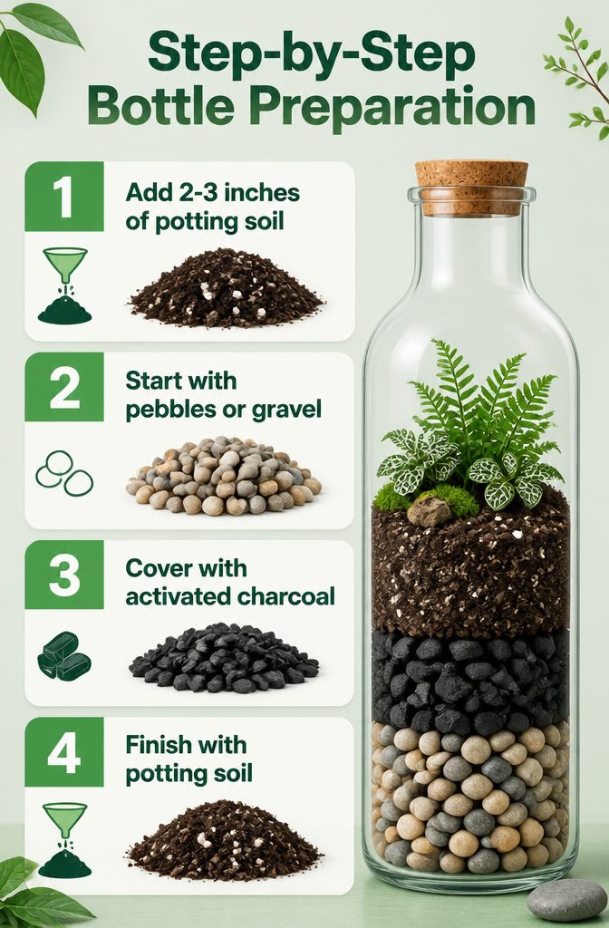 An image illustrating the preparation of a bottle garden with layers.