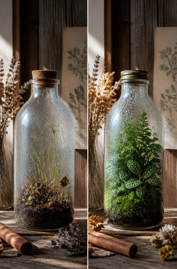 A closed glass bottle containing plants, demonstrating a sealed environment.