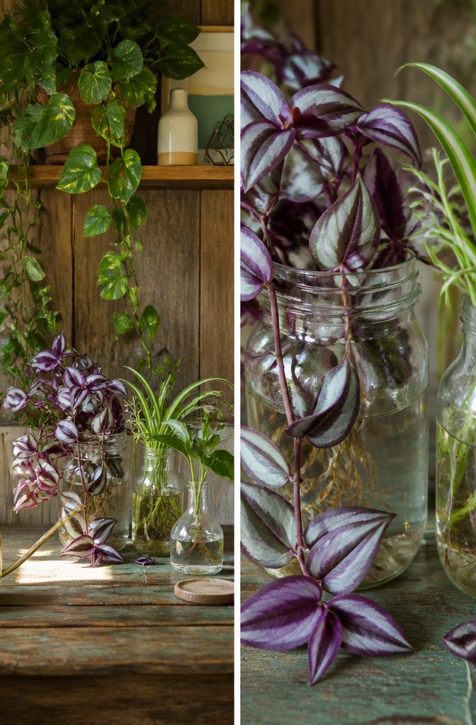 A collection of plants suitable for glass bottles displayed together.