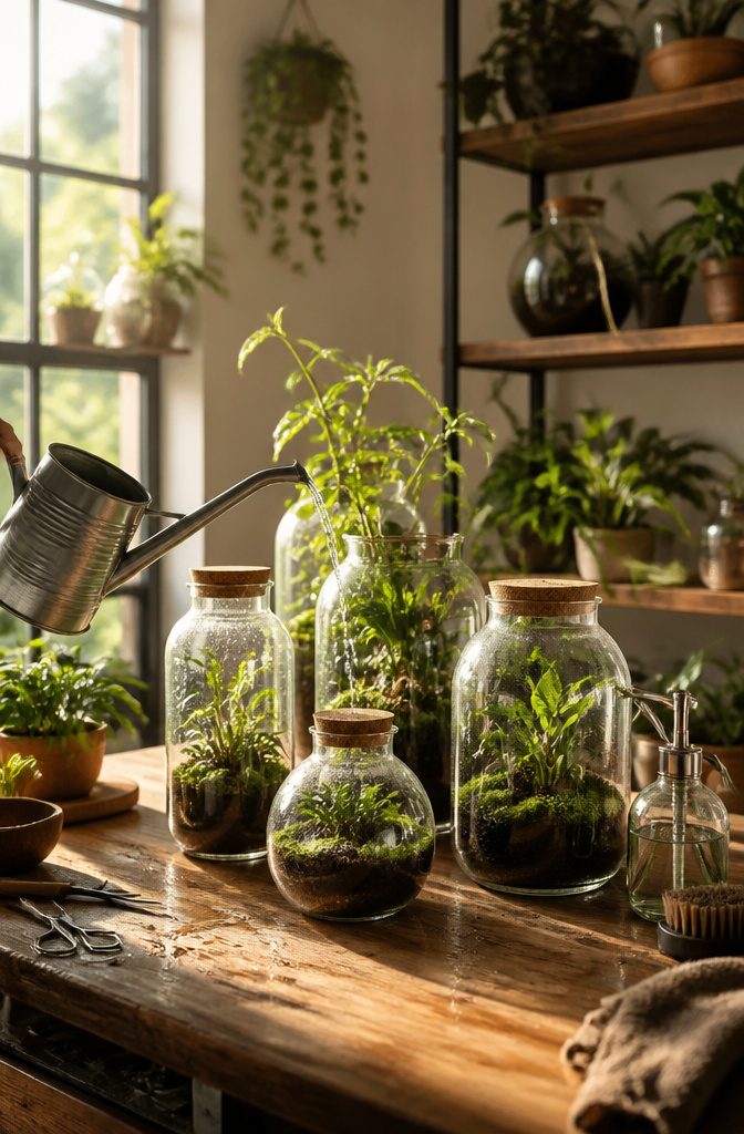 A watering can pouring water into glass bottles with plants.