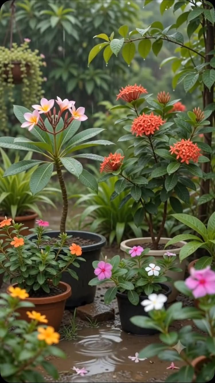 Flowering plants in various pots growing in a lush, green outdoor garden setting.