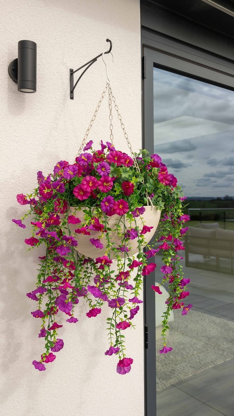 Pink and purple petunias overflowing from a white hanging basket on a light wall.