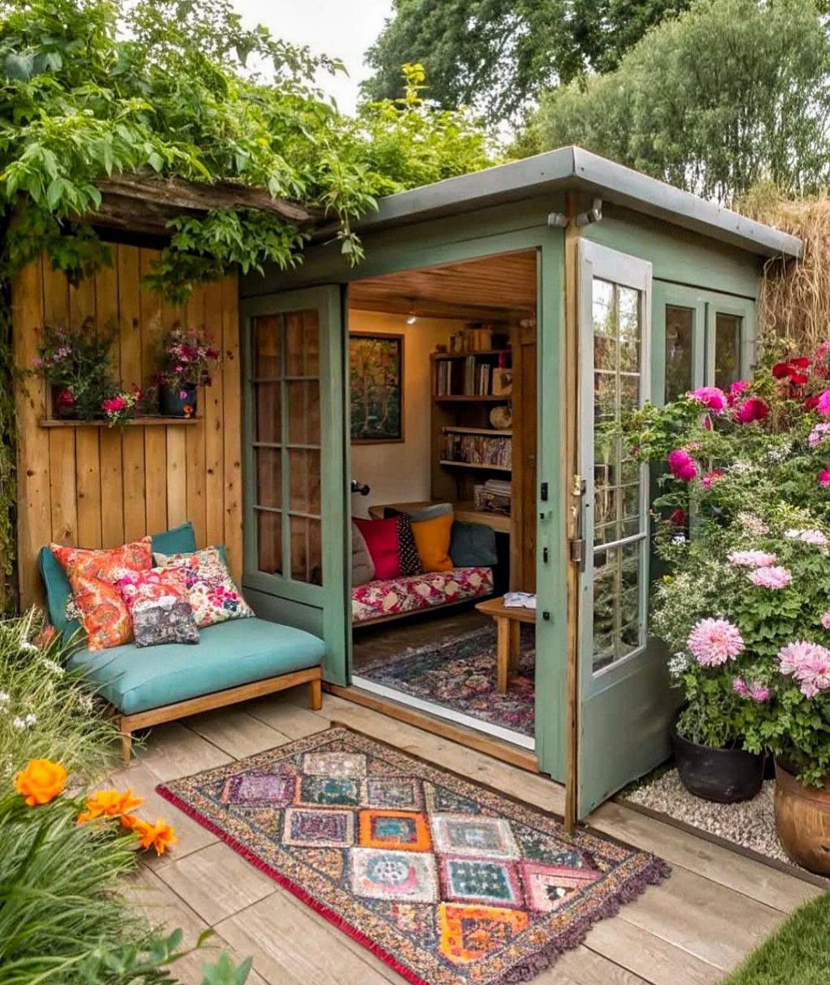 A cozy garden shed with colorful cushions, a lounge chair, and patterned rugs on a wooden deck.
