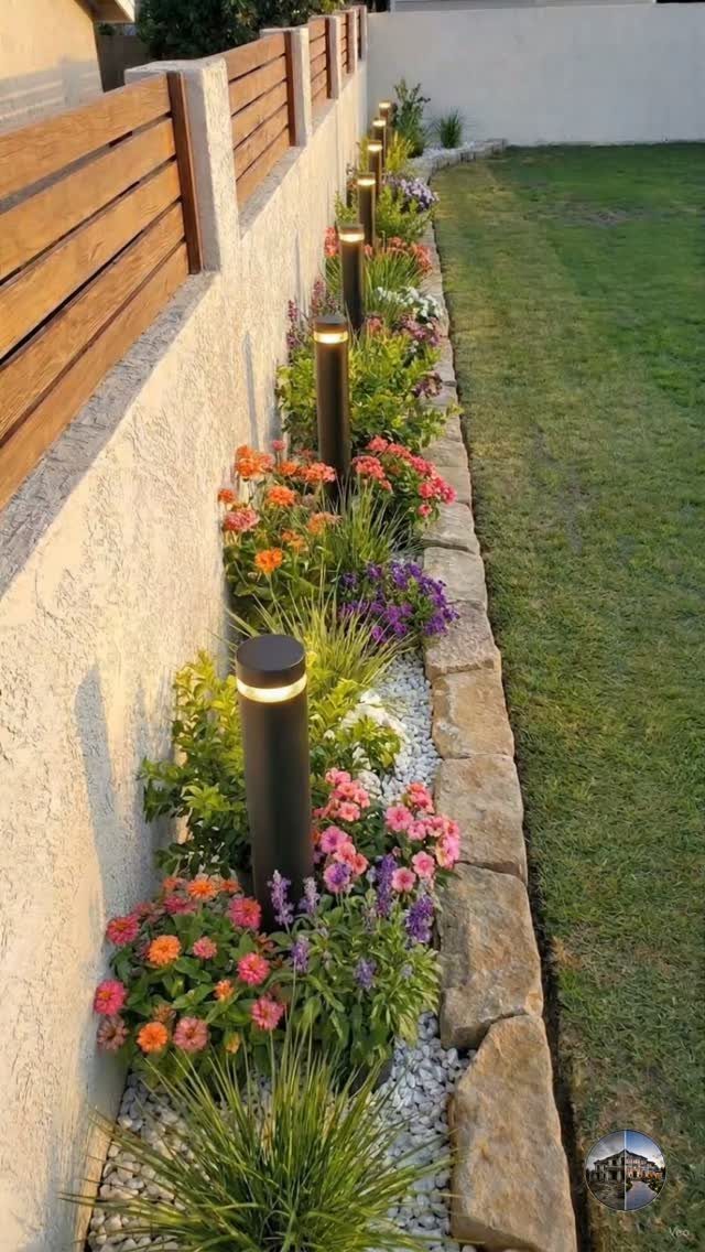 Colorful flowers and black garden lights planted in a white gravel border with stone edging.