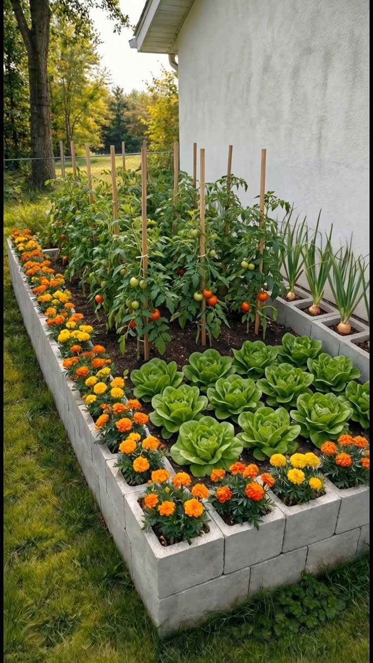 A concrete block raised garden bed filled with tomatoes, lettuce, onions, and colorful marigolds.
