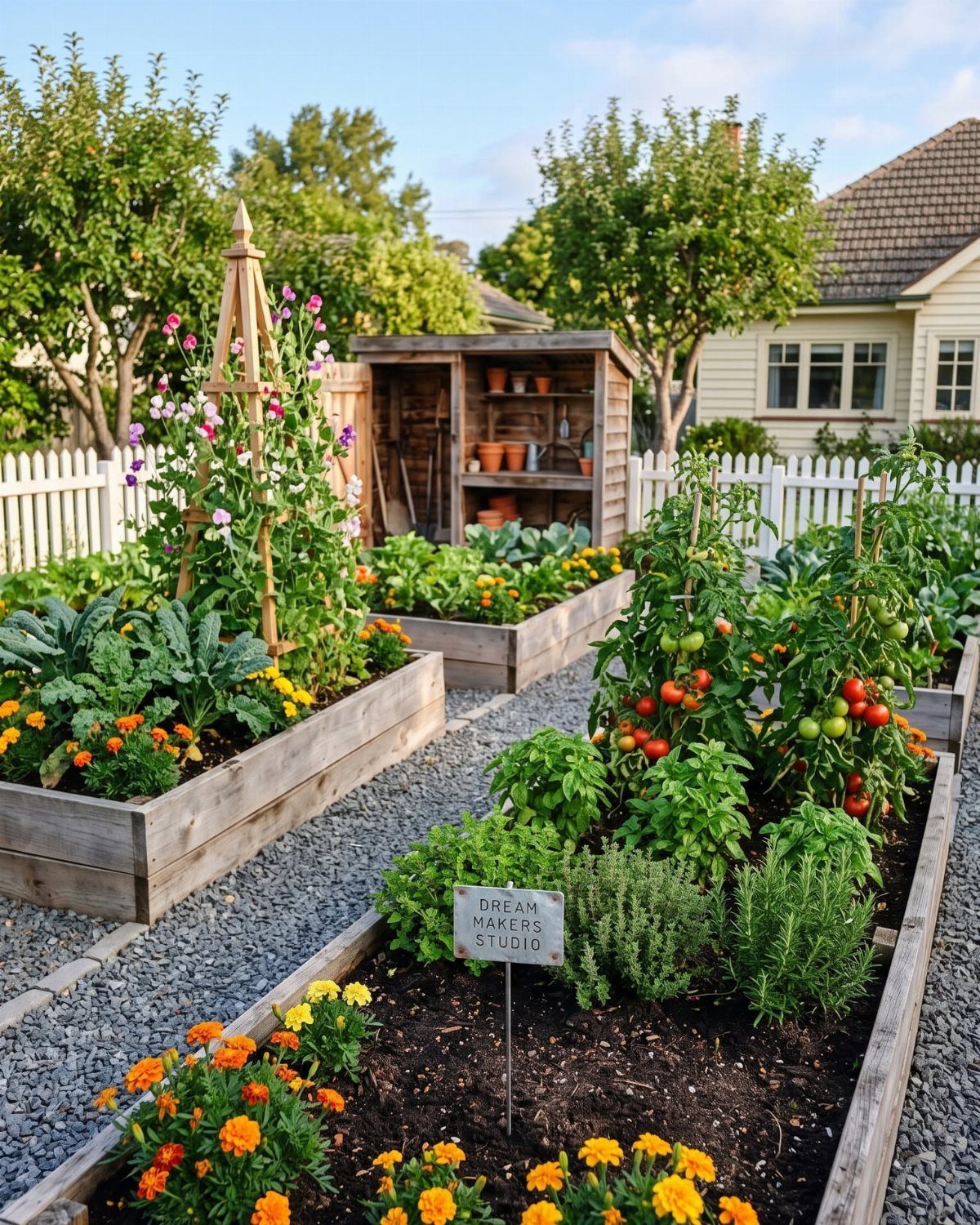 Wooden raised garden beds filled with green vegetables and bright orange marigolds on a gravel path.