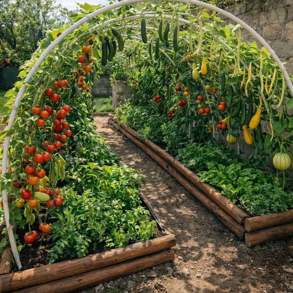 Climbing vegetables grow along a white arched trellis over two wooden raised garden beds.