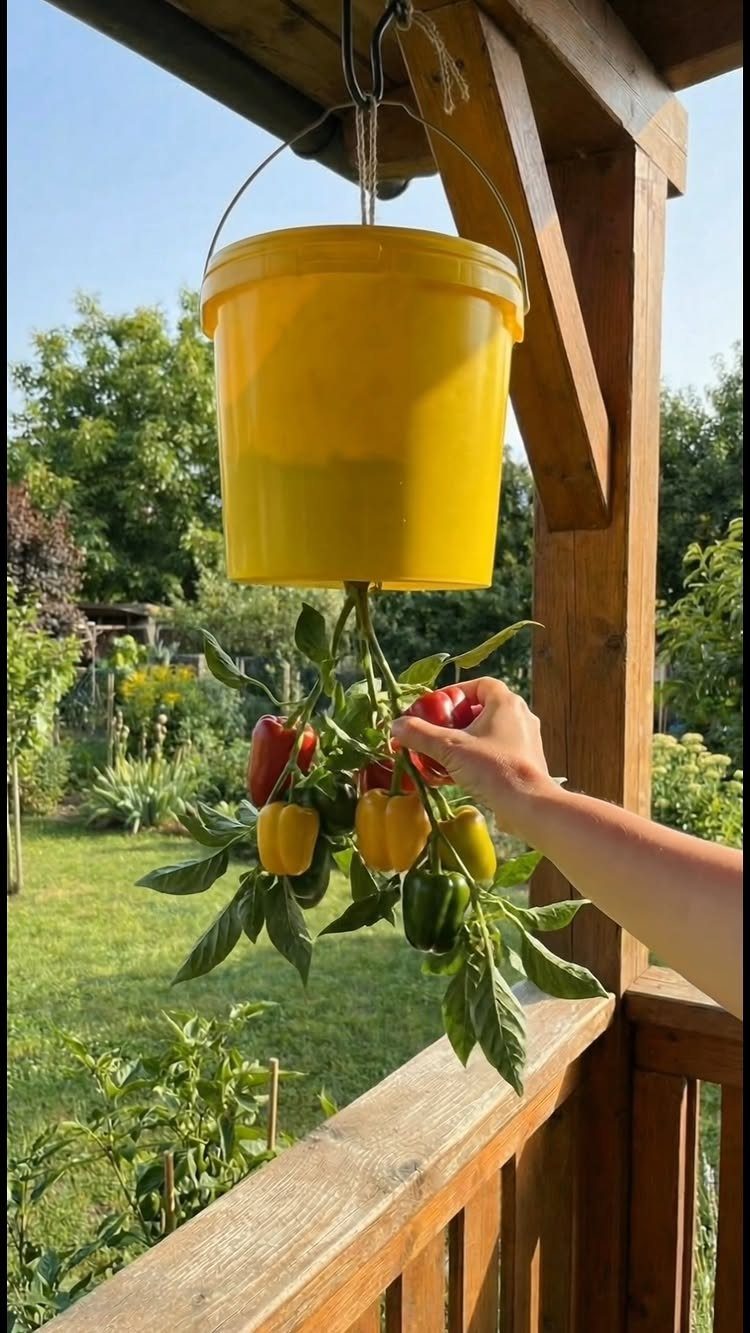 Small Space Vegetable Garden: 10 Ideas for Tight Spots 9 A hand picking a red bell pepper from a plant growing in a hanging yellow bucket.