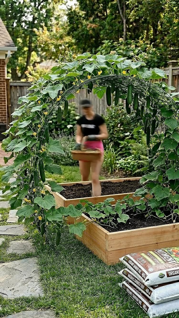 17 Veg Garden Ideas for Layouts,Containers & Vertical Growing 11 A woman gardening near wooden raised beds and a cucumber archway.