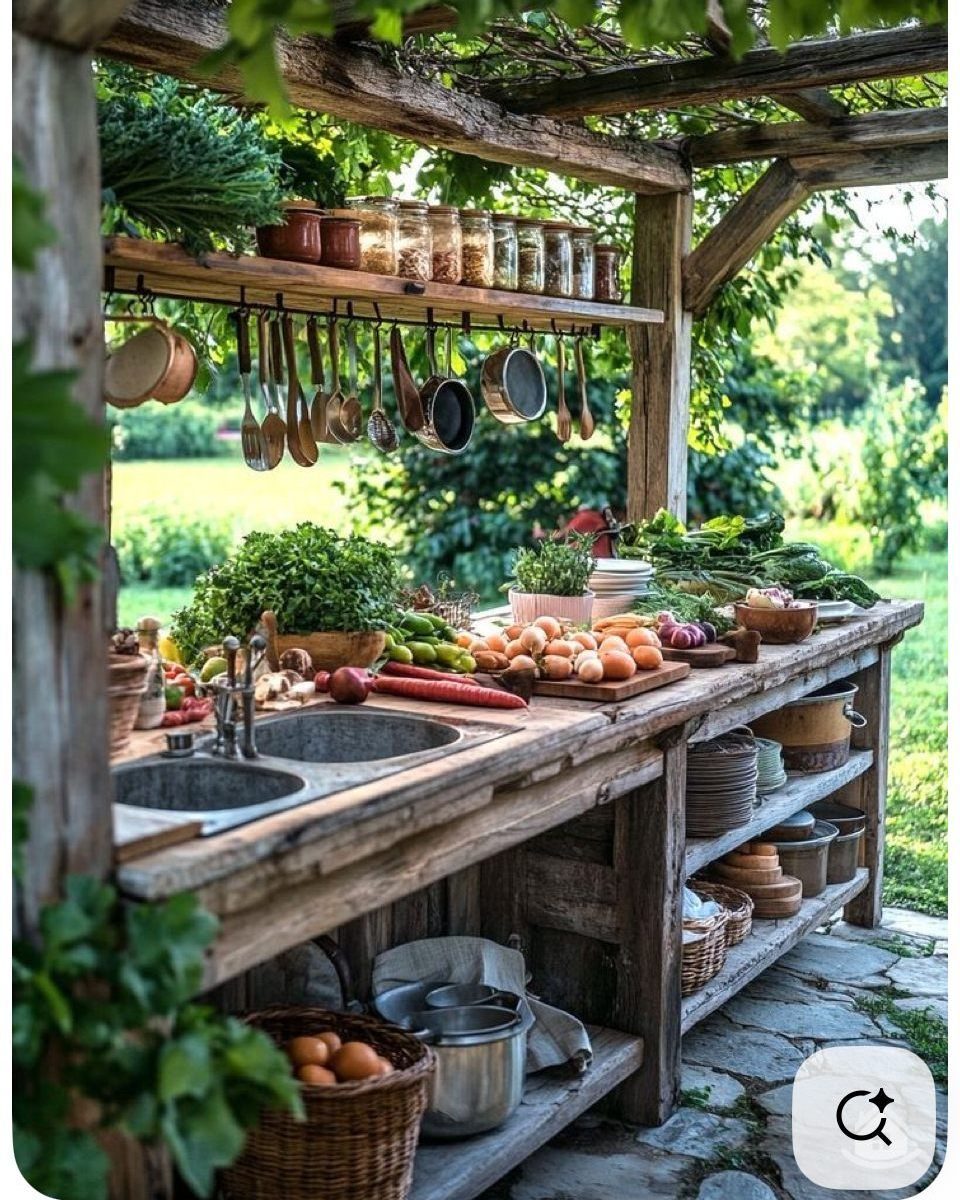 17 Veg Garden Ideas for Layouts,Containers & Vertical Growing 6 Rustic wooden outdoor kitchen with sinks, hanging utensils, and fresh vegetables under a pergola.