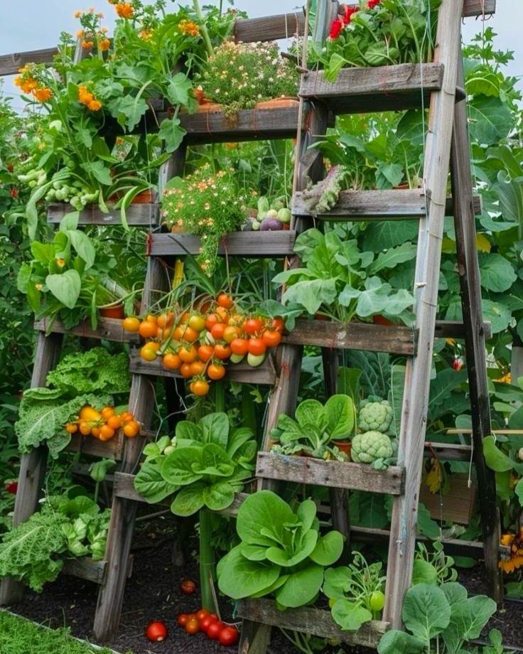 17 Veg Garden Ideas for Layouts,Containers & Vertical Growing 10 A wooden ladder used as a vertical garden with various vegetables and plants growing on its rungs.