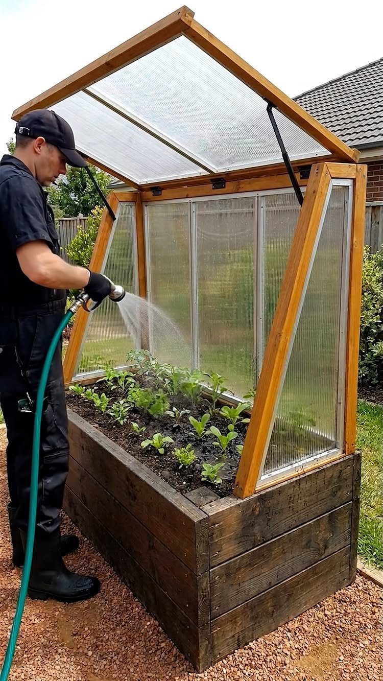 17 Veg Garden Ideas for Layouts,Containers & Vertical Growing 17 A man watering small green plants inside a wooden raised bed greenhouse with clear panels.
