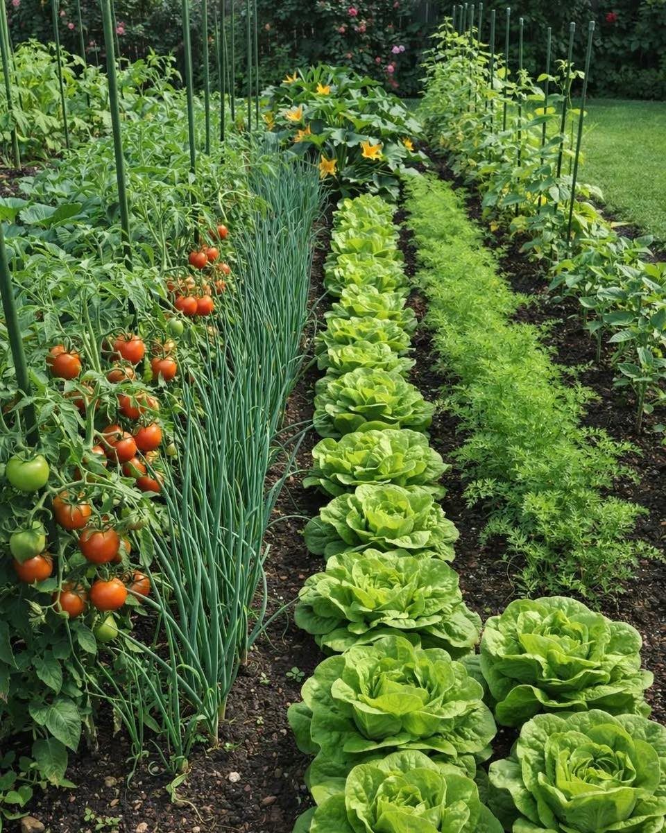 17 Veg Garden Ideas for Layouts,Containers & Vertical Growing 2 Rows of tomatoes, onions, lettuce, and herbs growing in a lush vegetable garden.