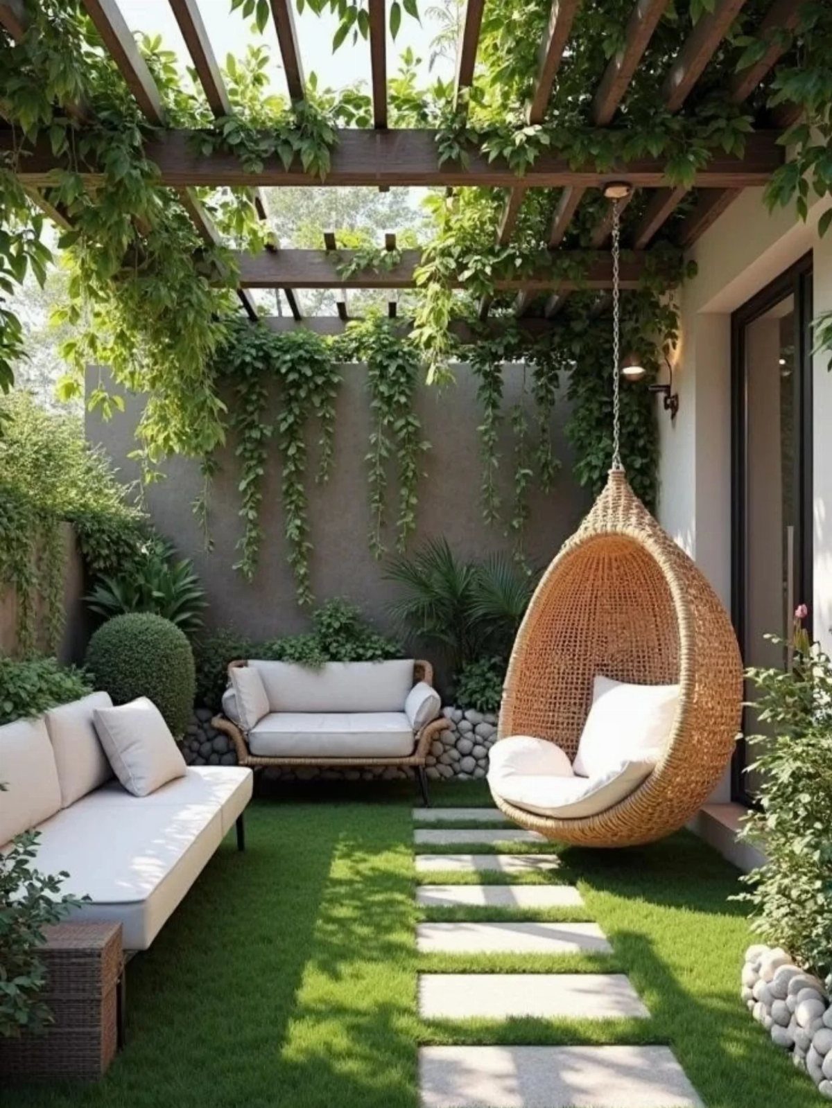 18 Yard Layout Ideas with Photos for Front and Back Spaces 7 Compact outdoor furniture including a white sofa and hanging wicker chair in a lush courtyard.