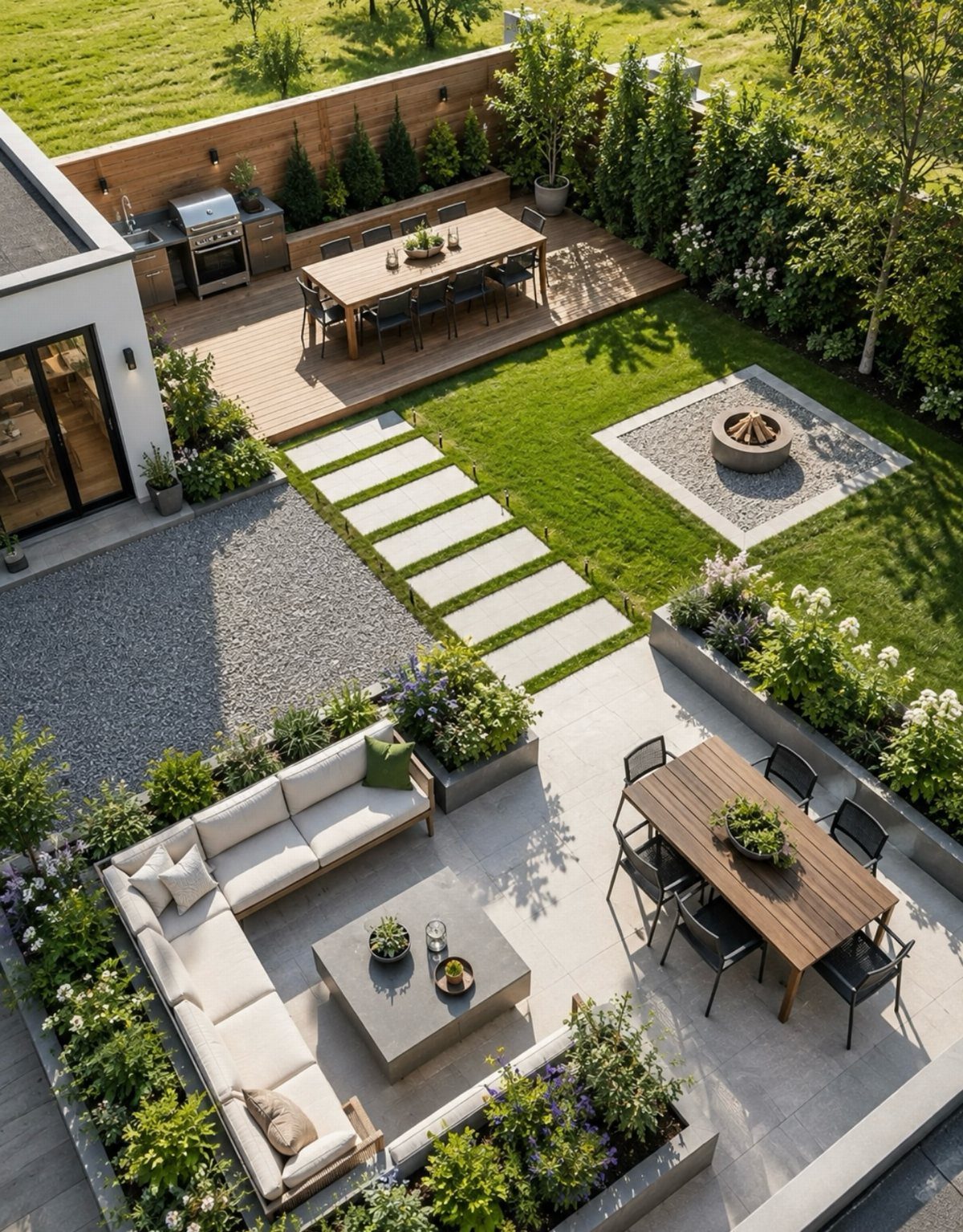 18 Yard Layout Ideas with Photos for Front and Back Spaces 10 Aerial view of a landscaped backyard with multiple seating areas, a lawn, and a wooden deck.
