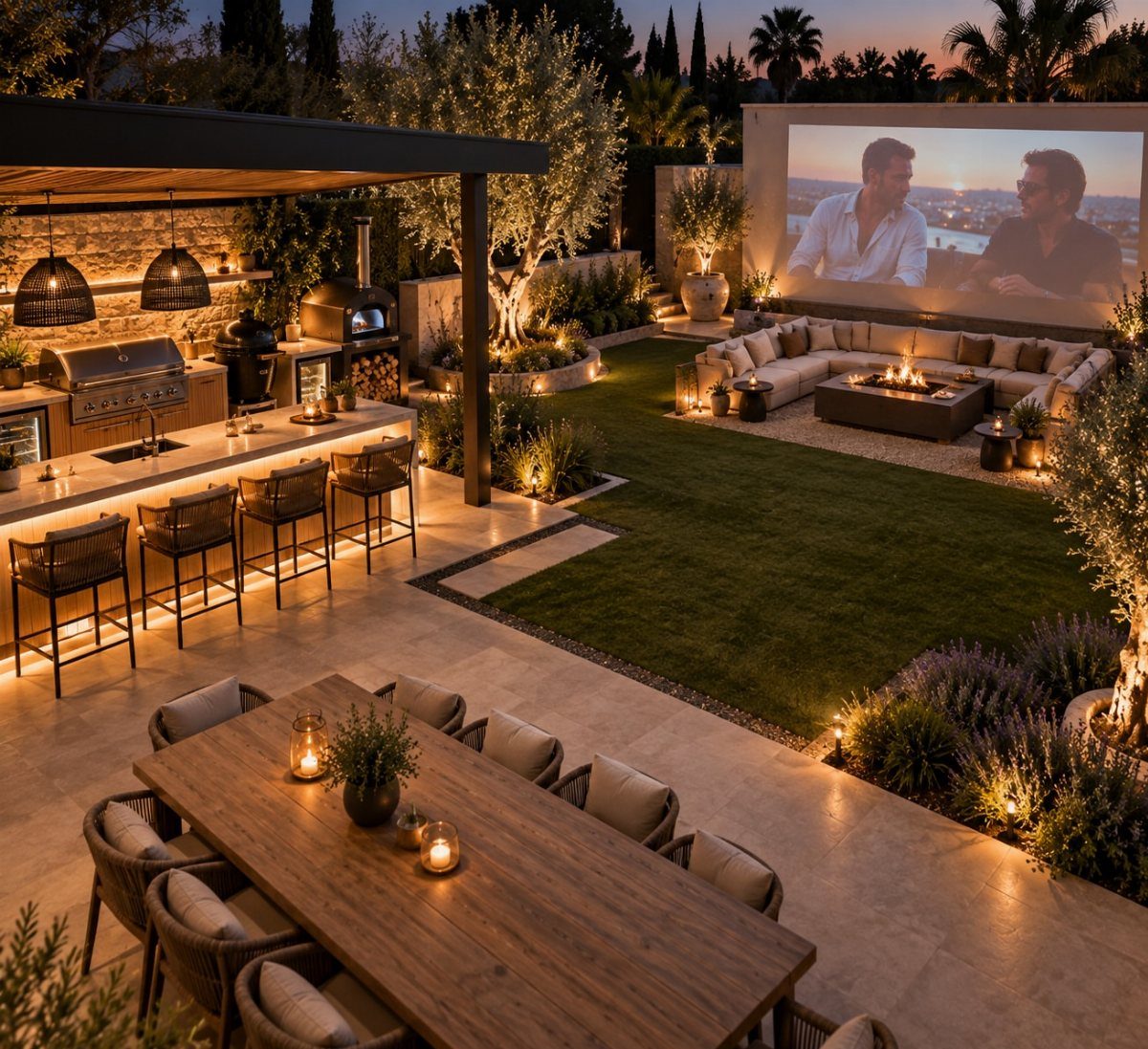 18 Yard Layout Ideas with Photos for Front and Back Spaces 11 A modern backyard landscape featuring an outdoor kitchen, dining area, and a lounge with a fire pit.