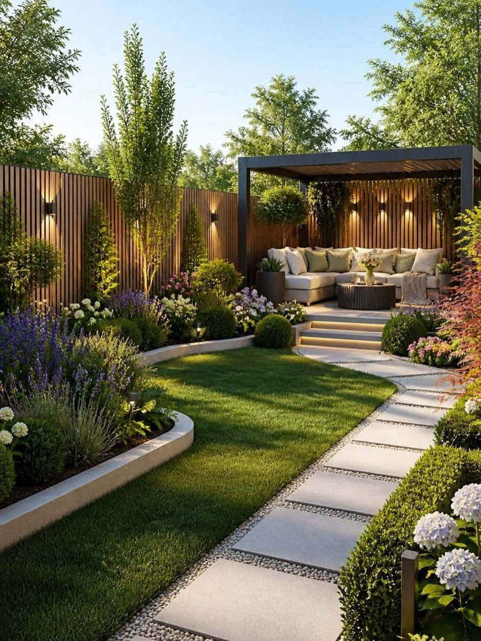 18 Yard Layout Ideas with Photos for Front and Back Spaces 9 A modern landscaped backyard with a stone walkway, green lawn, and a dark pergola seating area.