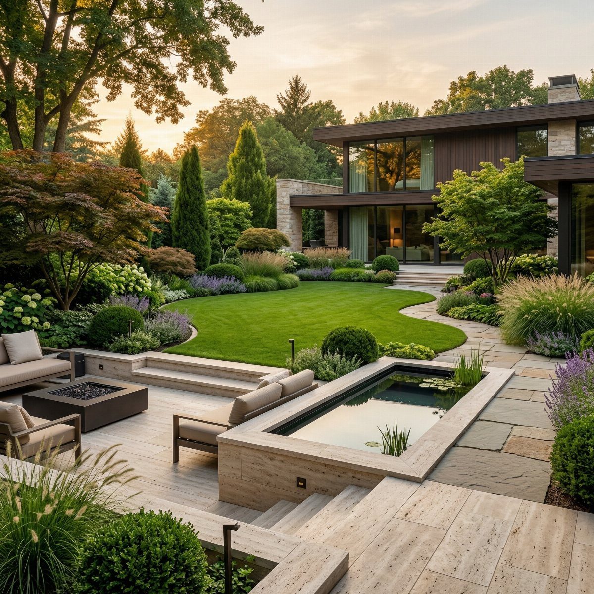 18 Yard Layout Ideas with Photos for Front and Back Spaces 13 A modern backyard with a green lawn, stone patio, water feature, and lush garden landscaping.